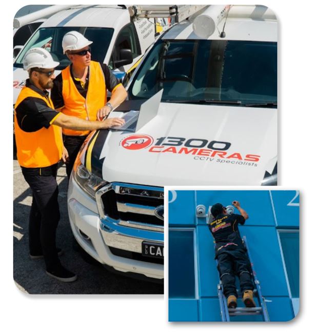 Two cctv installer with a 1300 cameras service van and a third worker on a ladder installing equipment.