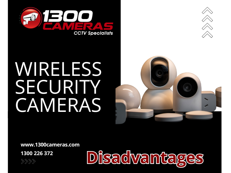 Ad for wireless security cameras, with a logo, contact info, and "Disadvantages" at the bottom.