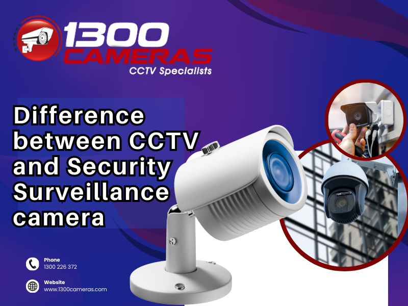 Advertisement for '1300 CAMERAS' comparing CCTV with security surveillance cameras, with contact info.